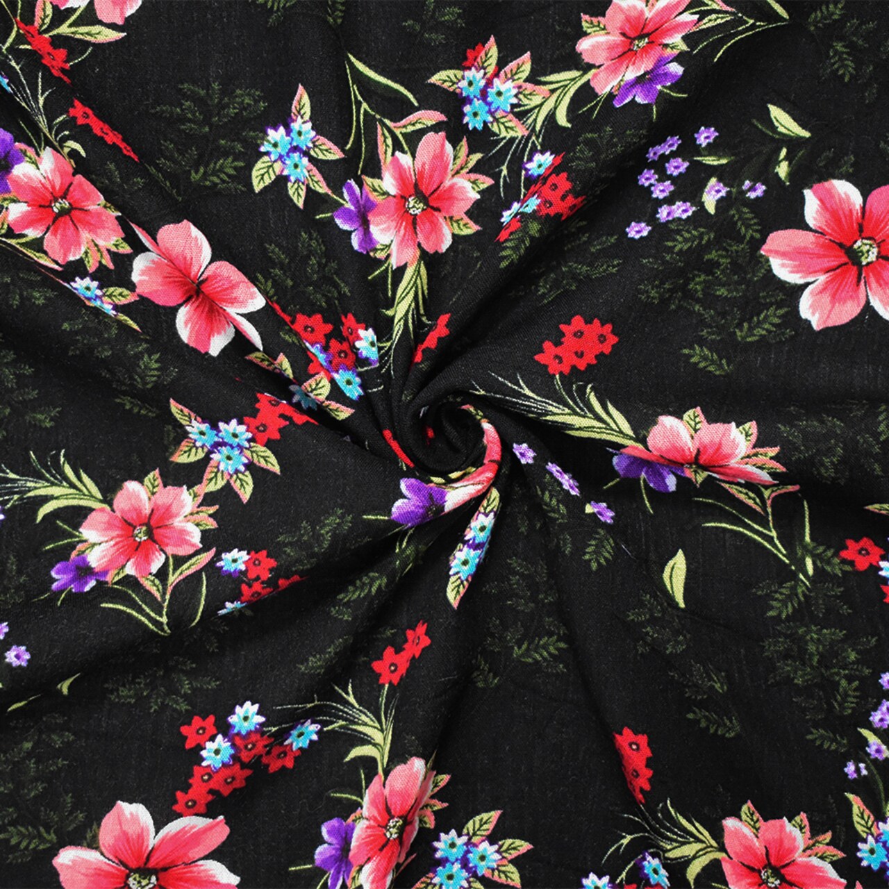 Black-Red-Multi Cotton Floral Printed Gauze Woven Fabric By the Yard